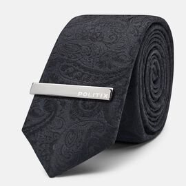 Voltri Ultra Slim Paisley Silk Tie, Black, hi-res